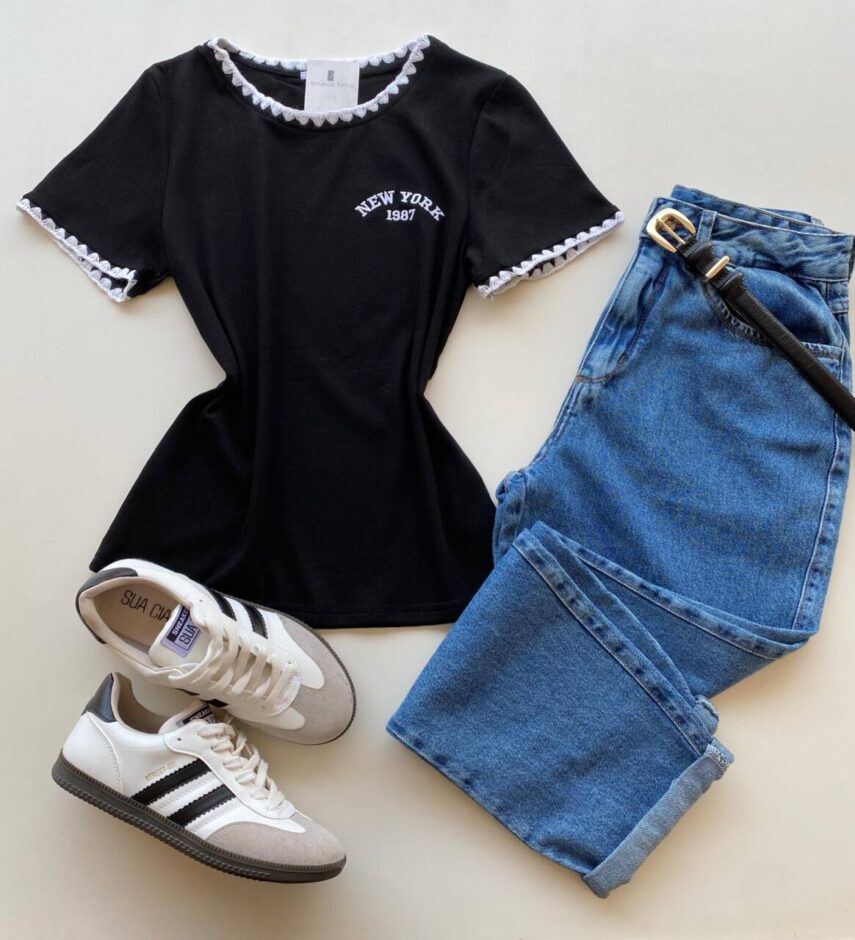 Blusa Feminina Manga Curta Canelada Zaya New York Preta - Fernanda Ramos Store