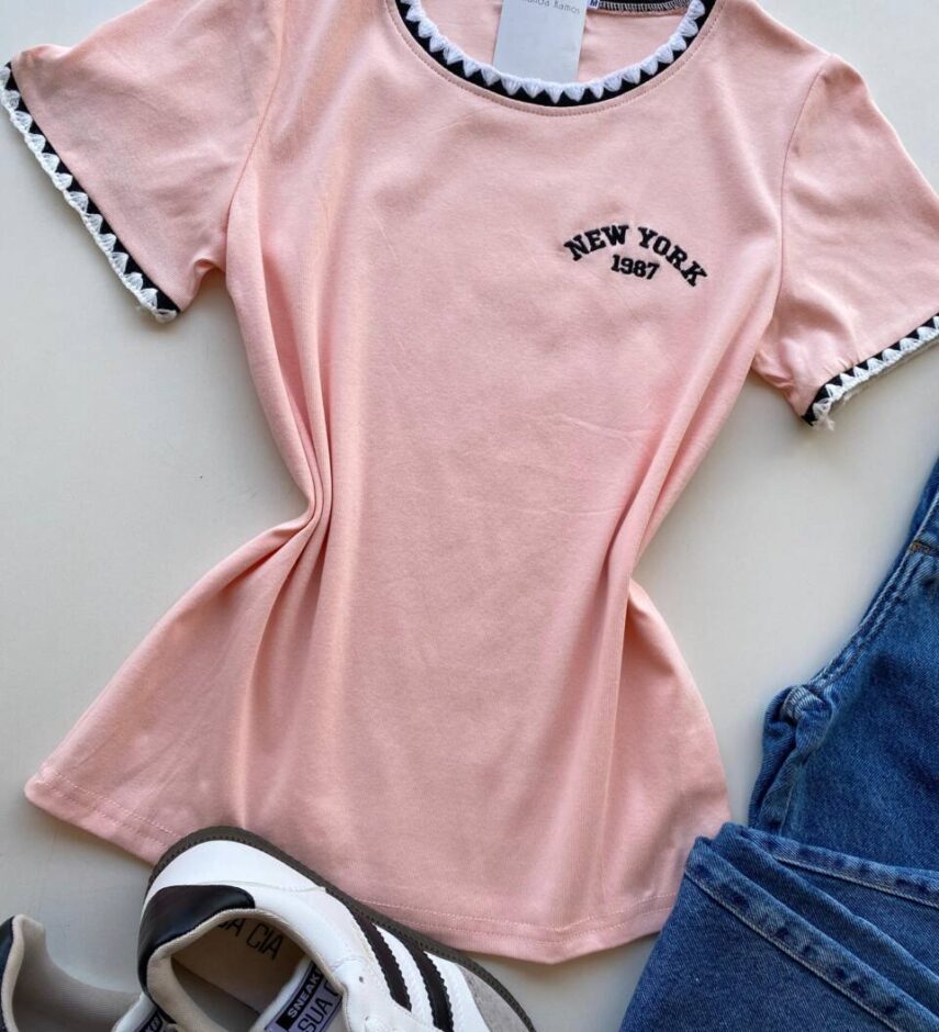 Blusa Feminina Manga Curta Canelada Zaya New York Rosa Bebê - Fernanda Ramos Store