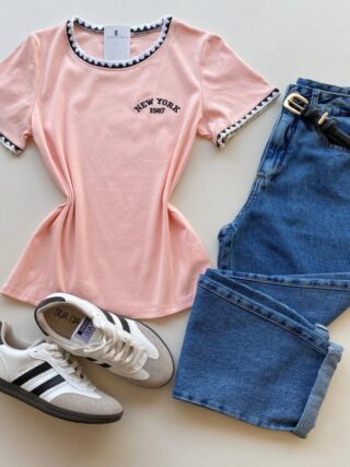 Blusa Feminina Manga Curta Canelada Zaya New York Rosa Bebê - Fernanda Ramos Store