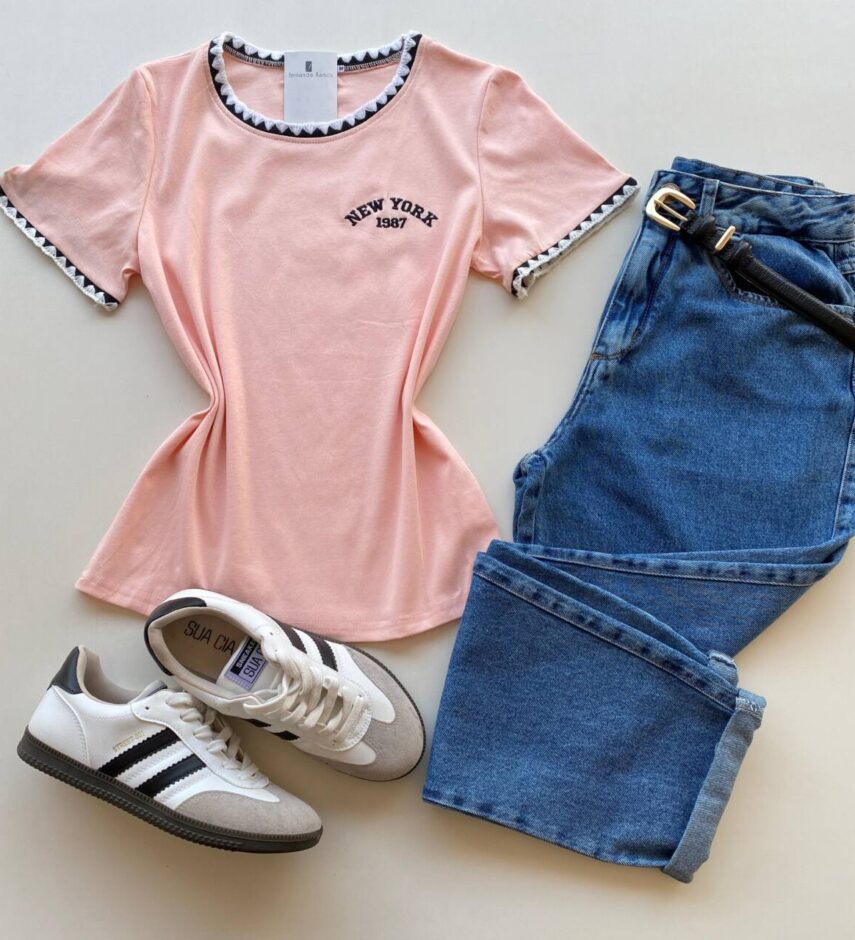 Blusa Feminina Manga Curta Canelada Zaya New York Rosa Bebê - Fernanda Ramos Store