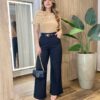 Blusa Feminina Manga Curta Endy Flor Lateral Bege - Fernanda Ramos Store