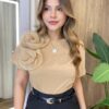 Blusa Feminina Manga Curta Endy Flor Lateral Bege - Fernanda Ramos Store