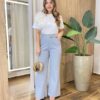 Blusa Feminina Manga Curta Endy Flor Lateral Off White - Fernanda Ramos Store