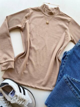 Blusa Feminina Manga Longa Canelada e Flanelada Bege - Fernanda Ramos Store