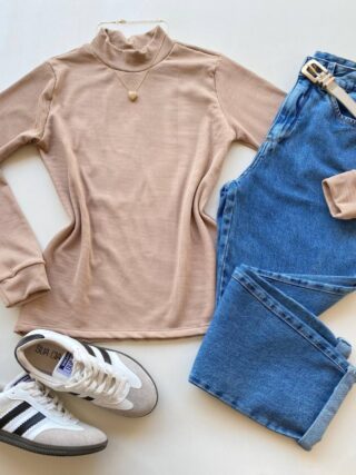 Blusa Feminina Manga Longa Canelada e Flanelada Bege - Fernanda Ramos Store