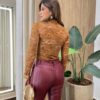 Blusa Feminina Manga Longa em Renda Transparente Caramelo - Fernanda Ramos Store