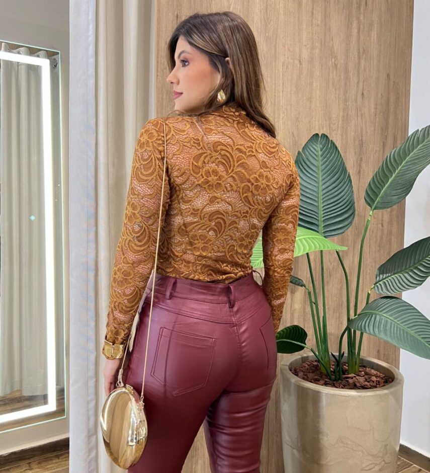 Blusa Feminina Manga Longa em Renda Transparente Caramelo - Fernanda Ramos Store