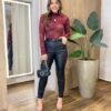 Blusa Feminina Manga Longa em Renda Transparente Vinho - Fernanda Ramos Store