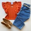 Blusa Feminina Manga Muscle com Detalhes em Guipir Coral AT5205 - Fernanda Ramos Store