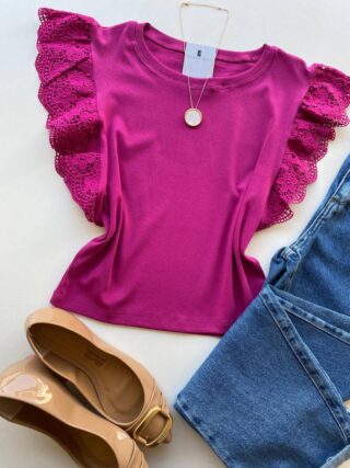 Blusa Feminina Manga Muscle com Detalhes em Guipir Fúcsia AT5205 - Fernanda Ramos Store