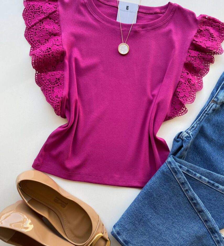 Blusa Feminina Manga Muscle com Detalhes em Guipir Fúcsia AT5205 - Fernanda Ramos Store