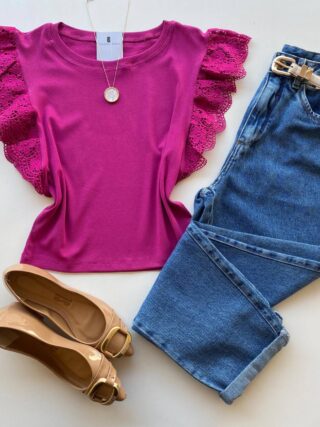 Blusa Feminina Manga Muscle com Detalhes em Guipir Fúcsia AT5205 - Fernanda Ramos Store