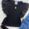 Blusa Feminina Manga Muscle com Detalhes em Guipir Preta AT5205 - Fernanda Ramos Store