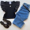 Blusa Feminina Manga Muscle com Detalhes em Guipir Preta AT5205 - Fernanda Ramos Store