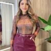 Body Feminino Bruna sem Bojo Manga Longa Tule Estampa Abacaxi - Fernanda Ramos Store