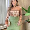 Body Feminino Bruna sem Bojo Manga Longa Tule Estampado Cru - Fernanda Ramos Store
