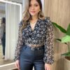 Body Feminino Carol sem Bojo Manga Bufante em Tule Estampado Preto - Fernanda Ramos Store
