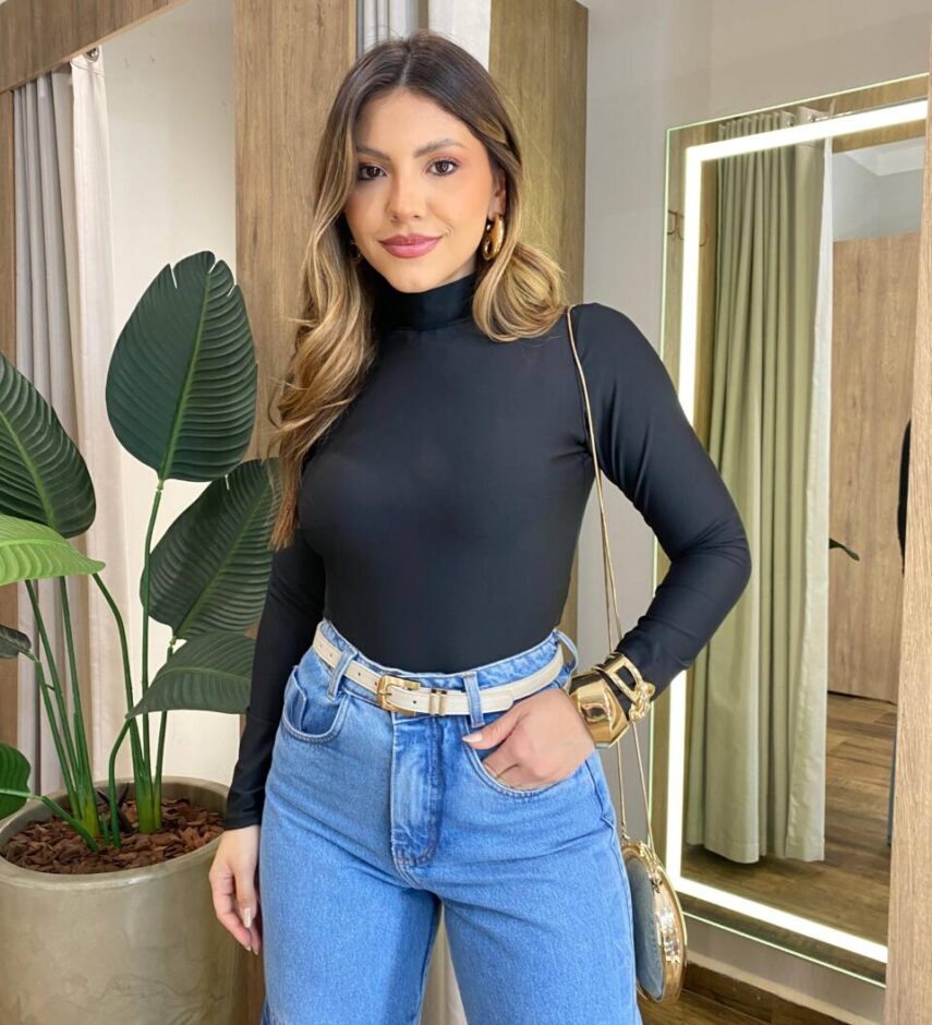 Body Feminino Kylie sem Bojo Manga Longa e Gola Alta Preto - Fernanda Ramos Store