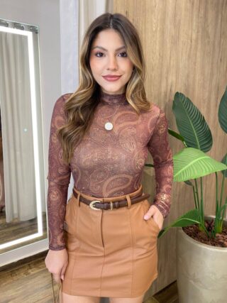 Body Feminino Linda Manga Longa Tule Estampado Marrom - Fernanda Ramos Store