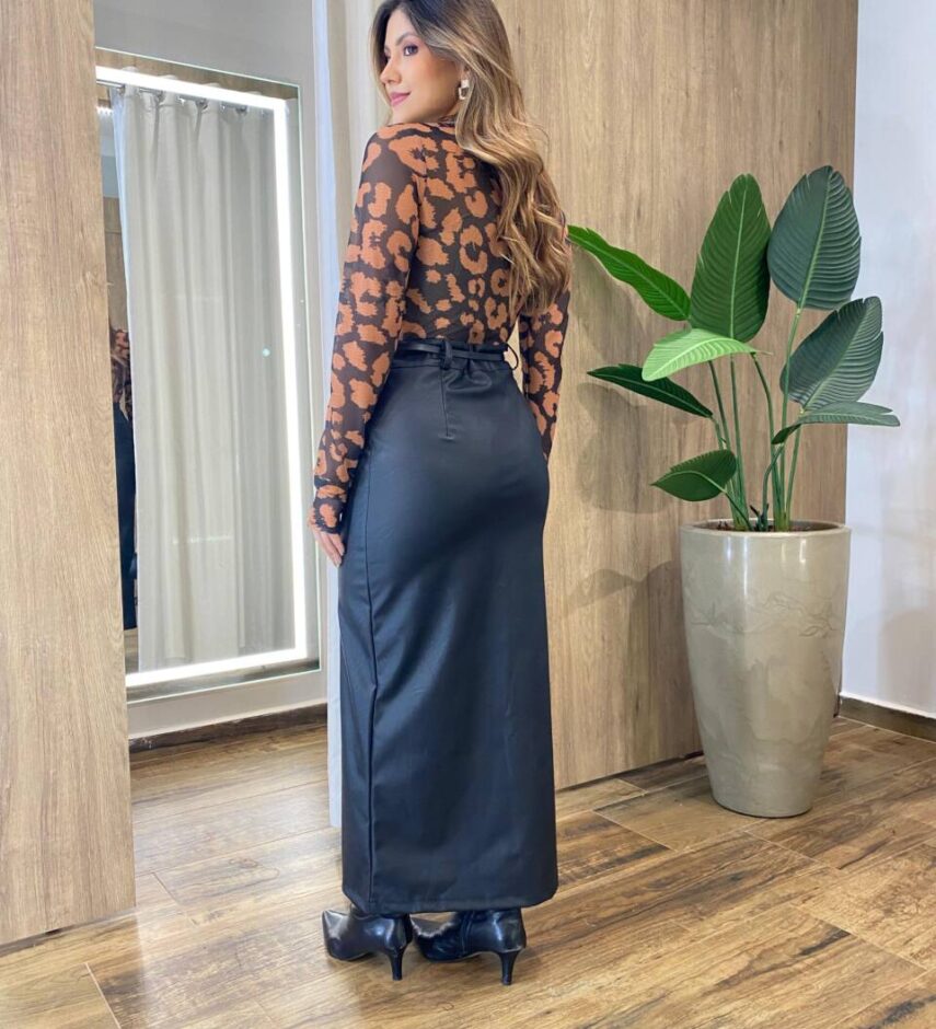Body Feminino Melinda Manga Longa Tule Onça Preto - Fernanda Ramos Store