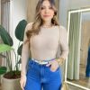 Body Feminino Mendy com Bojo Manga Longa Costas Nua Nude - Fernanda Ramos Store