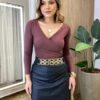 Body Feminino sem Bojo Decote em V Manga Longa Marrom - Fernanda Ramos Store