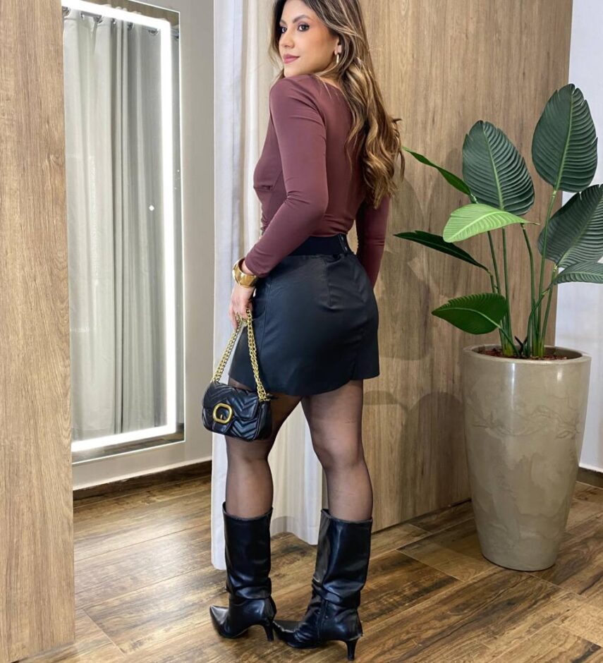 Body Feminino sem Bojo Decote em V Manga Longa Marrom - Fernanda Ramos Store