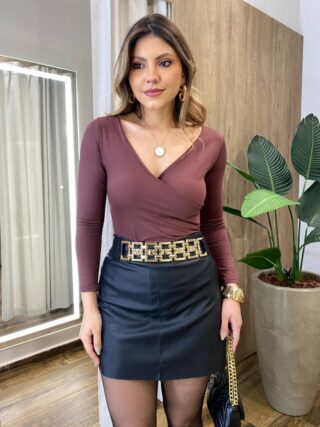 Body Feminino sem Bojo Decote em V Manga Longa Marrom - Fernanda Ramos Store