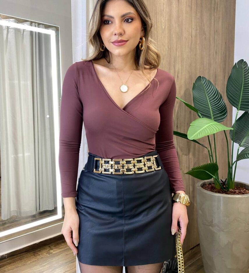 Body Feminino sem Bojo Decote em V Manga Longa Marrom - Fernanda Ramos Store