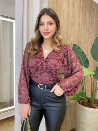 Body Feminino sem Bojo Manga Longa com Lastex em Laise Marsala - Fernanda Ramos Store