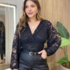 Body Feminino sem Bojo Manga Longa com Lastex em Laise Preto - Fernanda Ramos Store