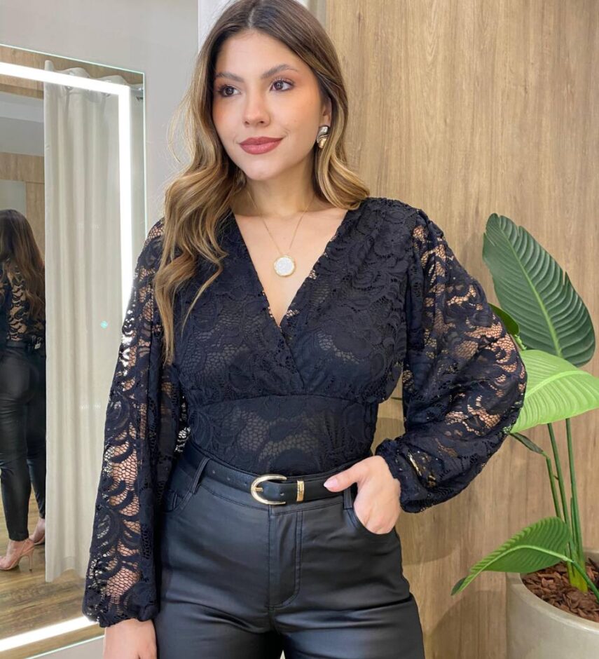 Body Feminino sem Bojo Manga Longa com Lastex em Laise Preto - Fernanda Ramos Store