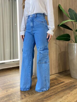 Calça Feminina Emília Jeans Médio Wide Leg Cargo 928 - Fernanda Ramos Store