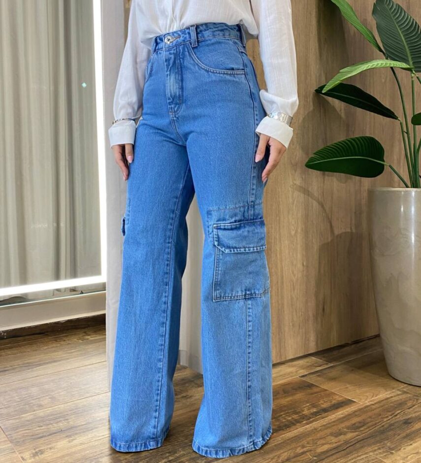 Calça Feminina Emília Jeans Médio Wide Leg Cargo 928 - Fernanda Ramos Store