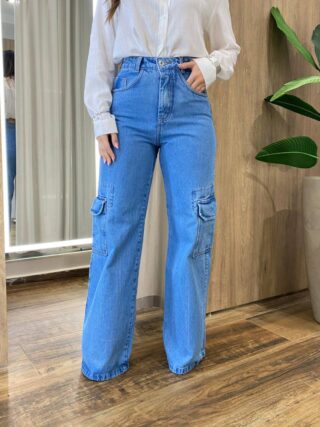 Calça Feminina Emília Jeans Médio Wide Leg Cargo 928 - Fernanda Ramos Store
