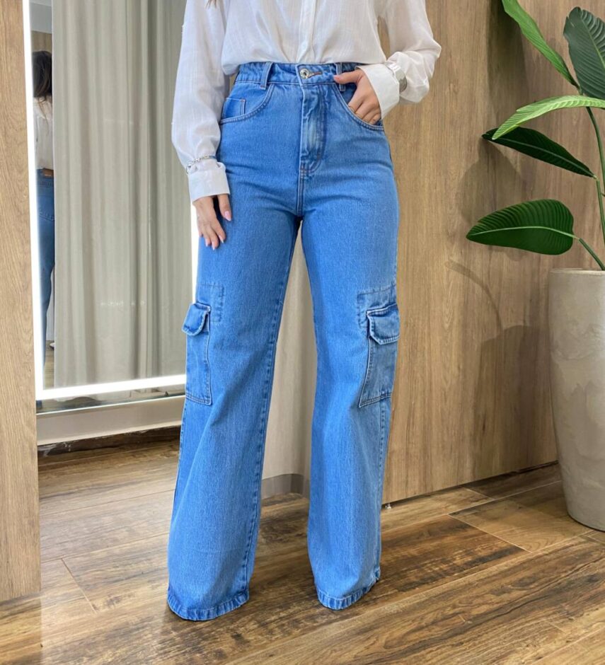 Calça Feminina Emília Jeans Médio Wide Leg Cargo 928 - Fernanda Ramos Store