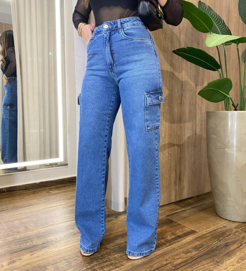 Calça Feminina Jeans Médio Wide Leg Cargo 1393 - Fernanda Ramos Store