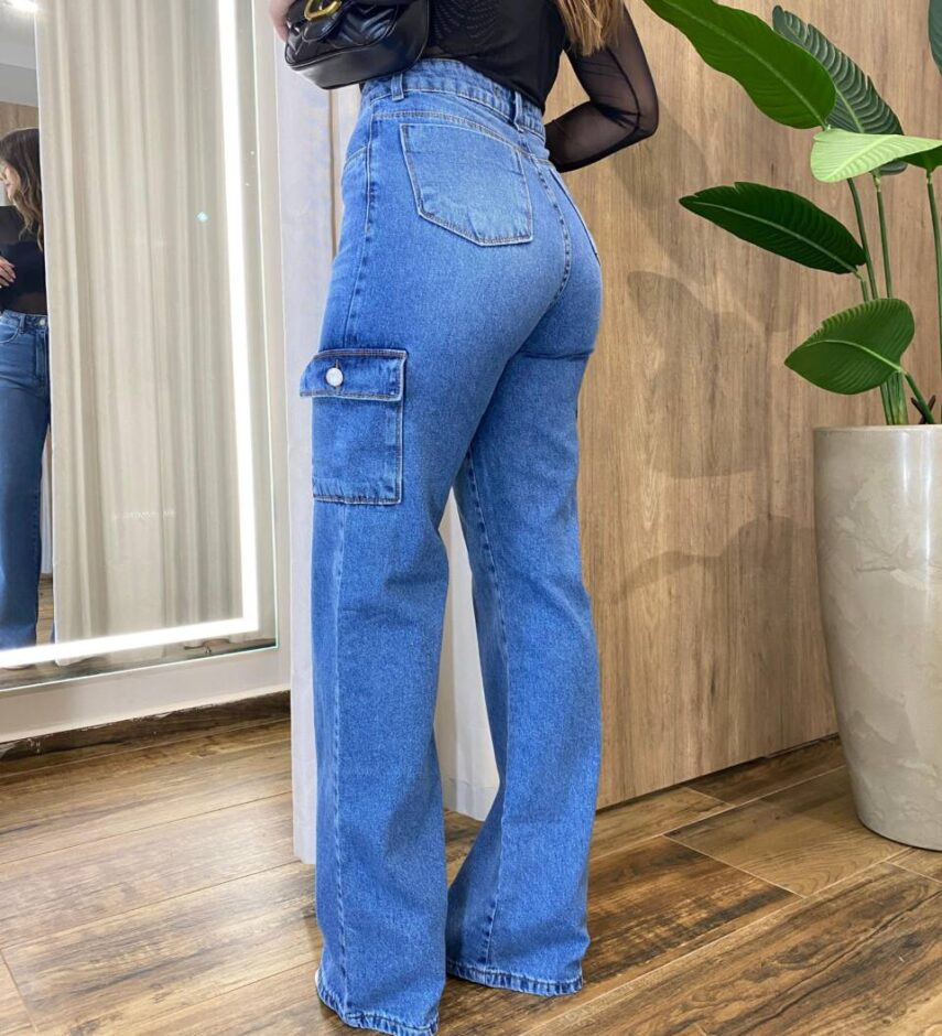 Calça Feminina Jeans Médio Wide Leg Cargo 1393 - Fernanda Ramos Store