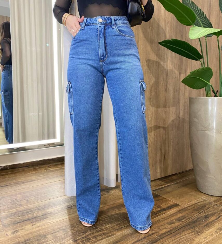 Calça Feminina Jeans Médio Wide Leg Cargo 1393 - Fernanda Ramos Store