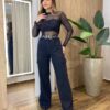 Calça Feminina Jeans Wide Leg Cargo Preta 11277J - Fernanda Ramos Store
