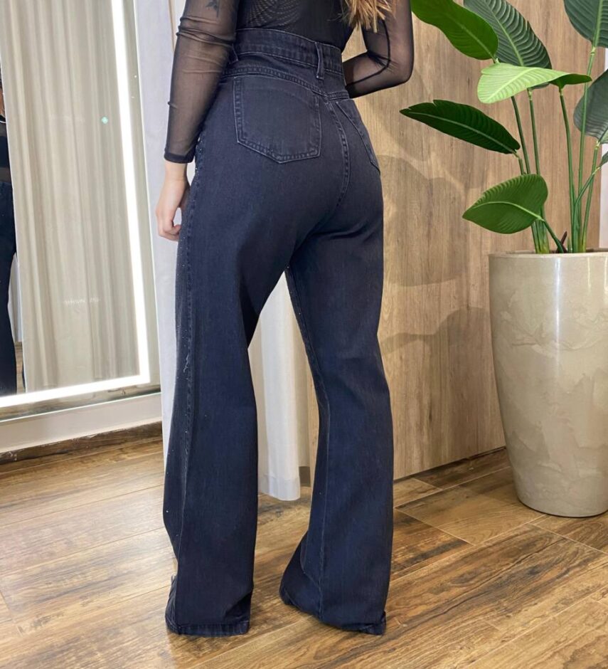 Calça Feminina Jeans Wide Leg com Brilho Preta 1068 - Fernanda Ramos Store