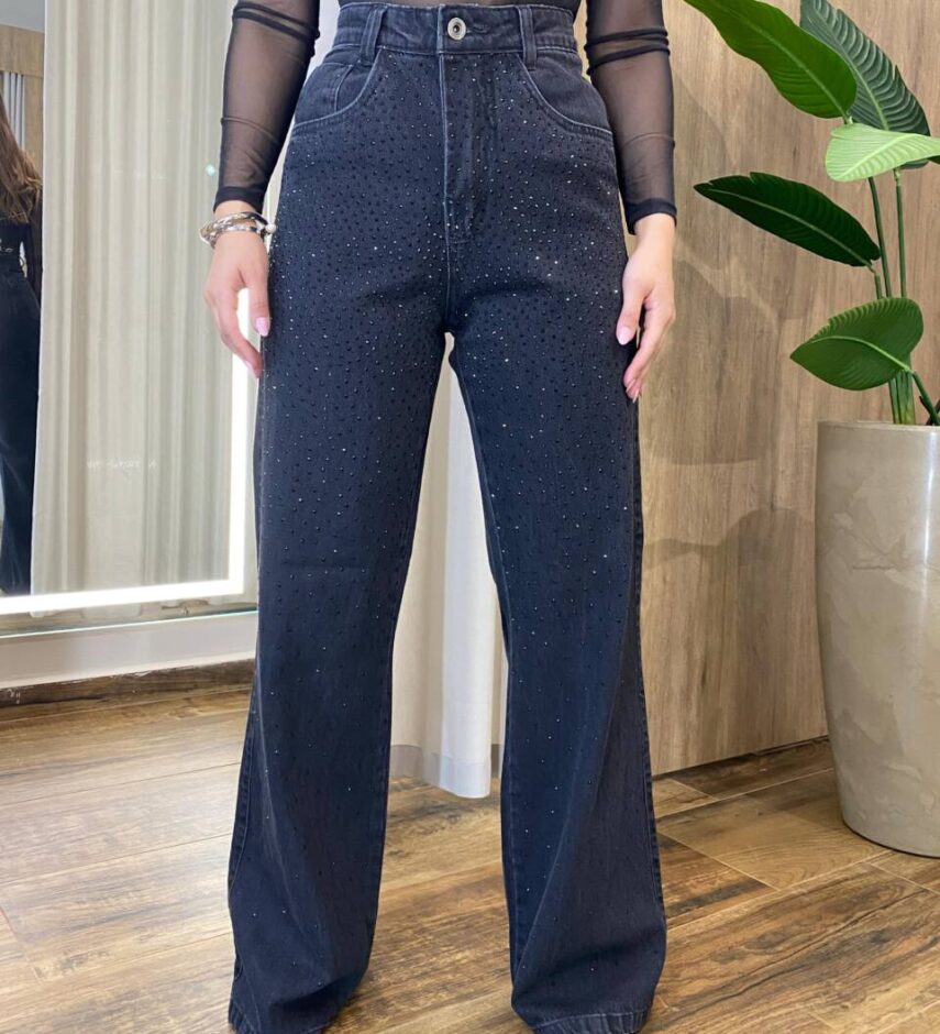 Calça Feminina Jeans Wide Leg com Brilho Preta 1068 - Fernanda Ramos Store