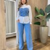 Calça Feminina Jeans Wide Leg com Detalhes Transversal em Brilho - Fernanda Ramos Store