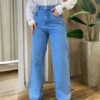 Calça Feminina Jeans Wide Leg com Detalhes Transversal em Brilho - Fernanda Ramos Store