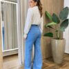 Calça Feminina Jeans Wide Leg com Detalhes Transversal em Brilho - Fernanda Ramos Store
