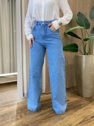 Calça Feminina Jeans Wide Leg com Detalhes Transversal em Brilho - Fernanda Ramos Store