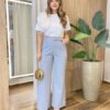 Calça Feminina Social Tassila Pantalona com Cinto Cinza Claro - Fernanda Ramos Store