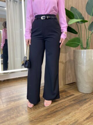Calça Feminina Social Tassila Pantalona com Cinto Preta - Fernanda Ramos Store