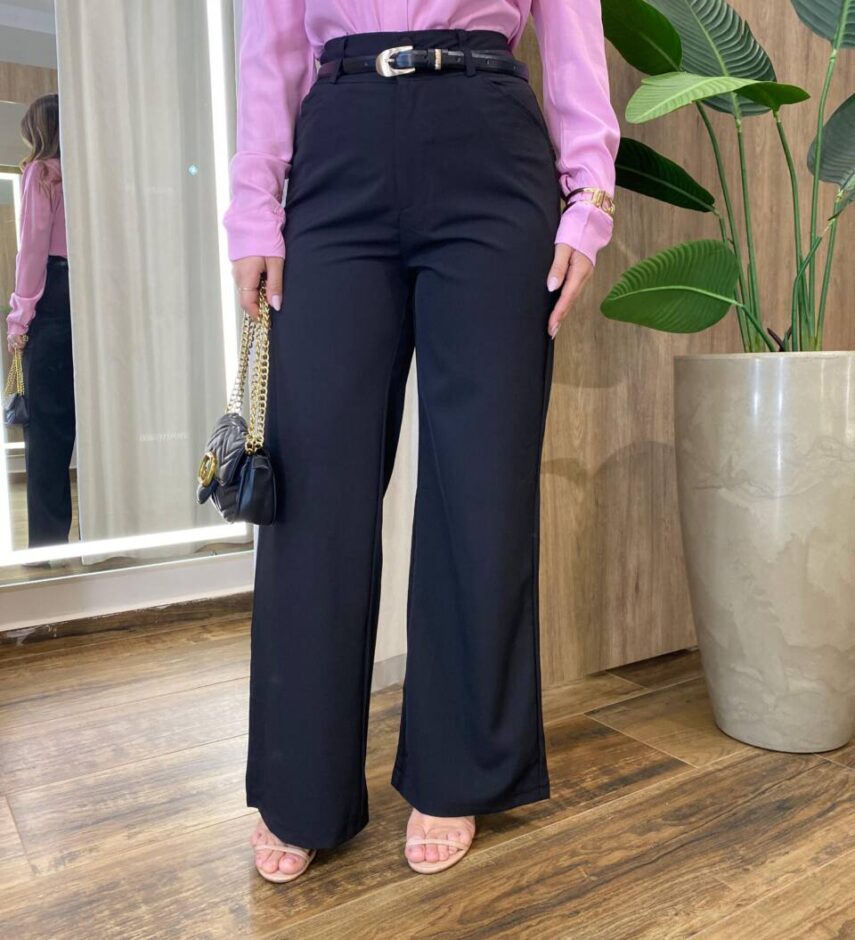 Calça Feminina Social Tassila Pantalona com Cinto Preta - Fernanda Ramos Store
