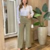 Calça Feminina Social Tassila Pantalona com Cinto Verde Semente - Fernanda Ramos Store